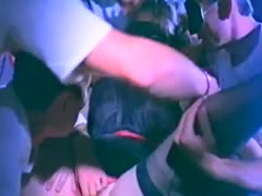 Horny brunette hair whore in mask get gang team-fucked by multiple fellows 